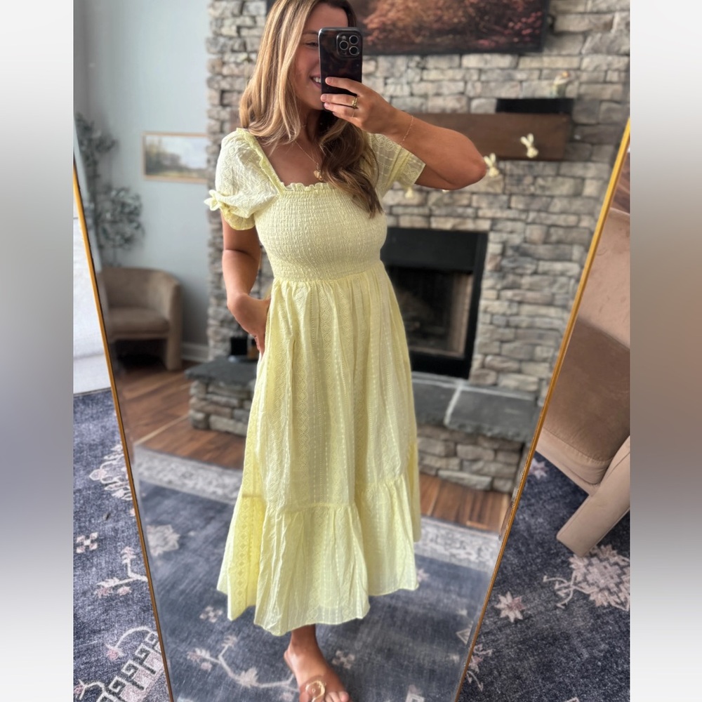 Lemon Yellow Smocked Puff-Sleeve Dress